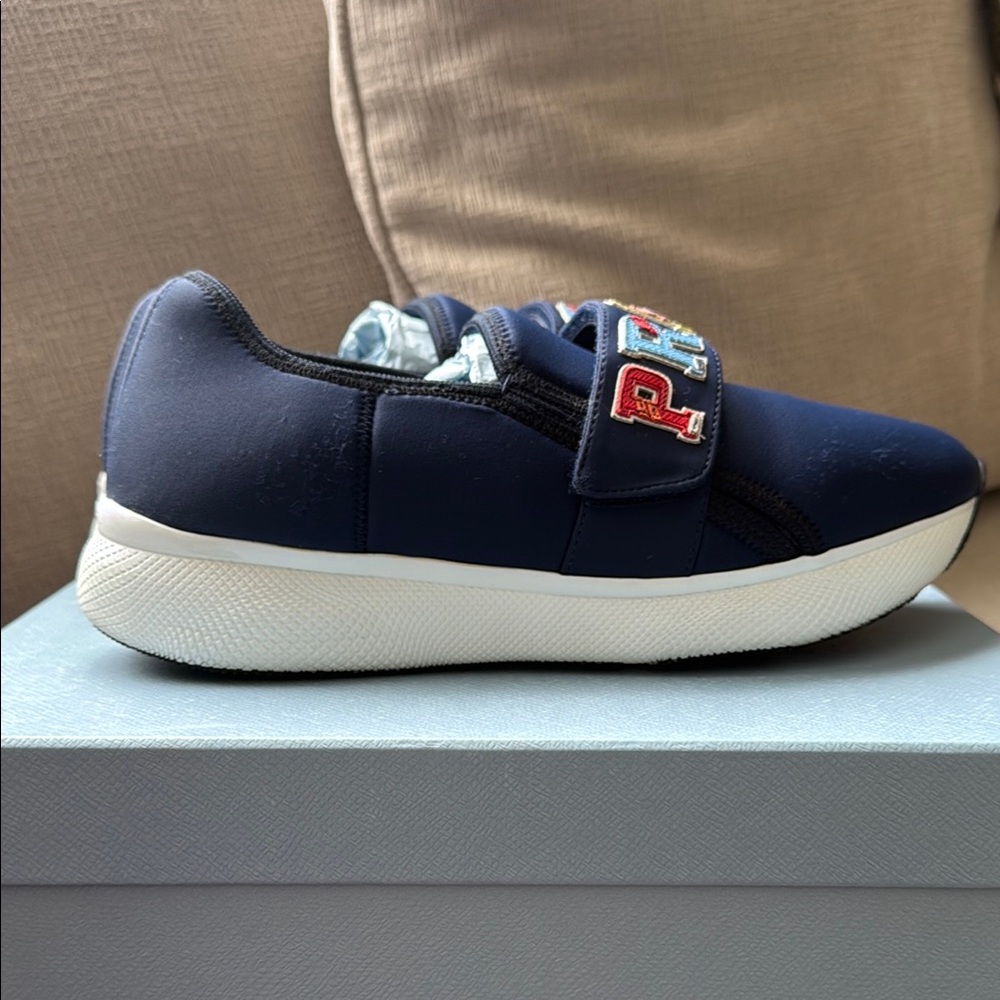 Prada Navy Sneakers with Multicolor Logo - Picture 2 of 8